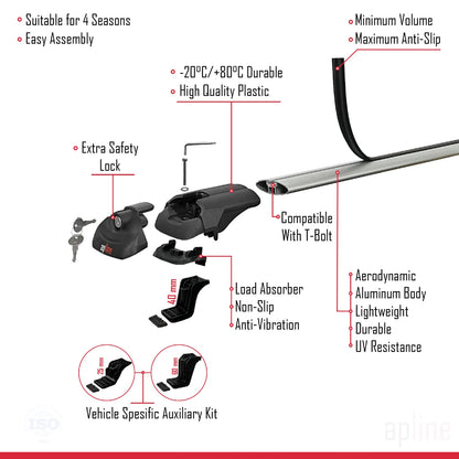 Compatible with Kia Borrego (HM) 2008-2019 ACE-1 Car Roof Rack Cross Bar Grey Aluminium 2 Bars