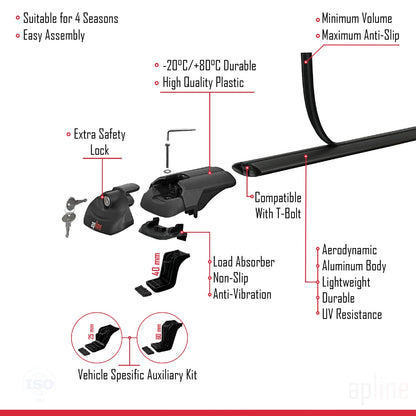 Compatible with Nissan NP300 (D23) 2015-2021 ACE-1 Car Roof Rack Cross Bar Black Aluminium 3 Bars